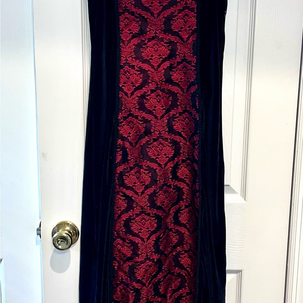 Cyxtees Black Velvet and Red Brocade Maxi Dress M - Picture 3 of 3